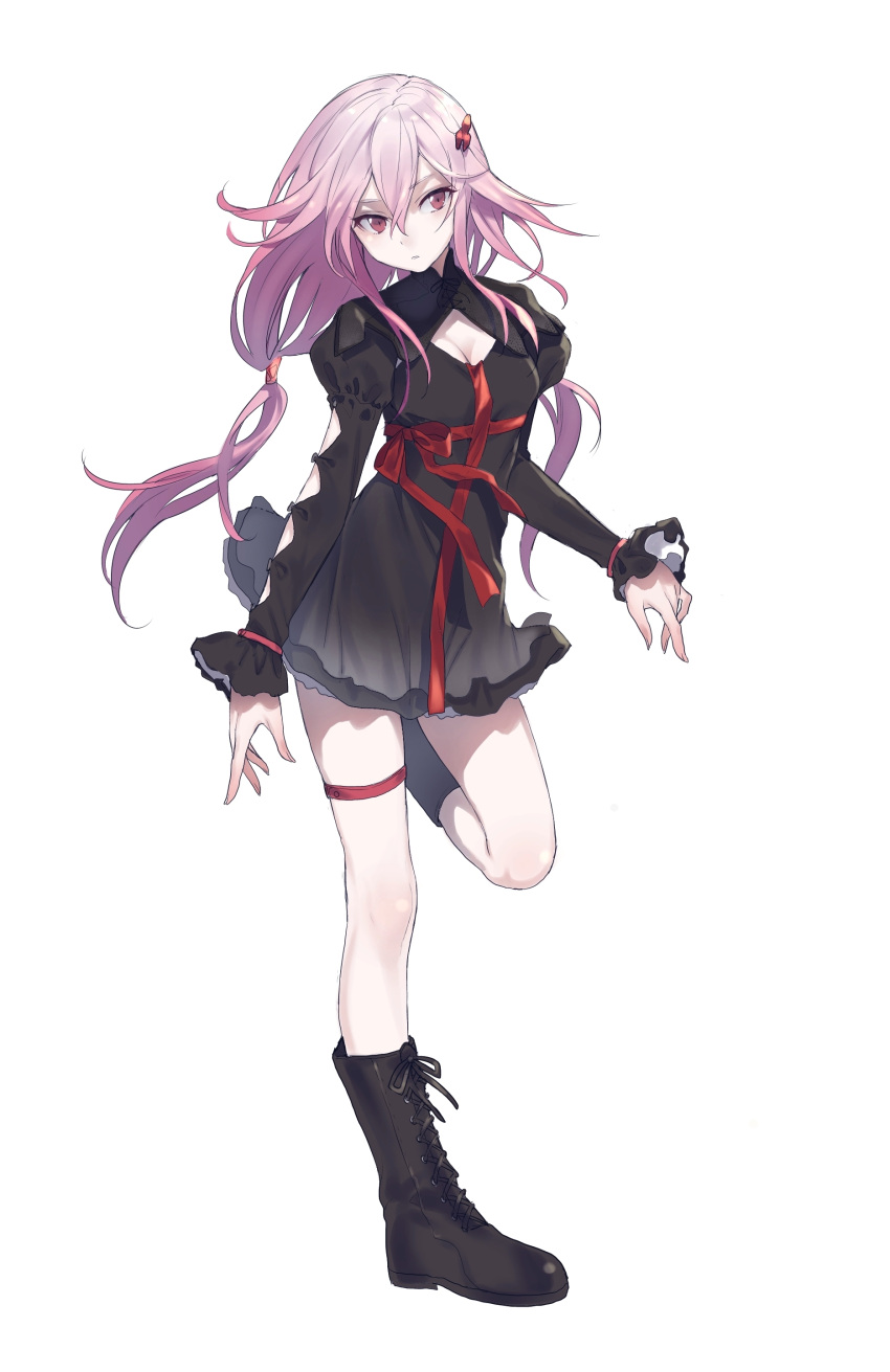 1girl absurdres boots breasts cleavage full_body guilty_crown hair_ornament hairclip highres leg_up long_hair looking_at_viewer maruchi pink_hair red_eyes skirt solo standing_on_one_leg twintails yuzuriha_inori