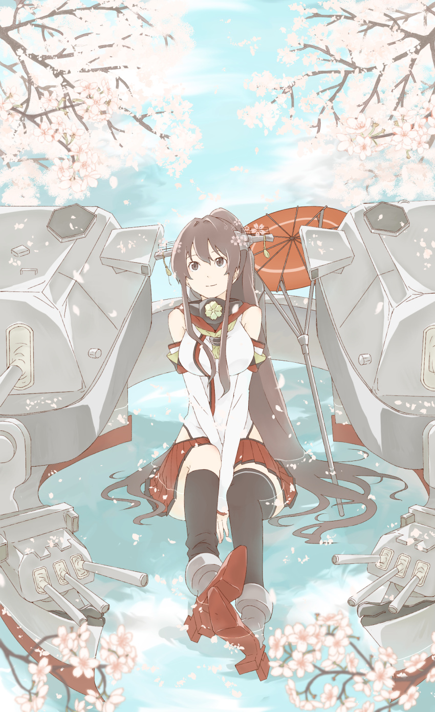 1girl absurdres asymmetrical_legwear bare_shoulders breasts brown_eyes brown_hair cherry_blossoms flower fujiyama_(yellow) hair_flower hair_ornament highres kantai_collection long_hair looking_away oriental_umbrella ponytail red_skirt rudder_shoes single_thighhigh sitting skirt smile thigh-highs umbrella very_long_hair water yamato_(kantai_collection) z_flag