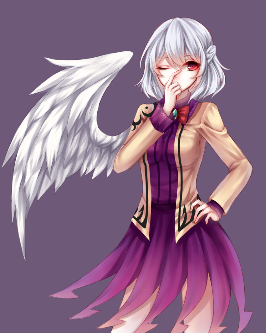 1girl absurdres angel_wings bow braid breasts brooch brown_jacket covering_mouth cowboy_shot dress finger_on_nose french_braid hand_on_hip hand_over_own_mouth highres jewelry kishin_sagume long_sleeves looking_at_viewer one_eye_closed purple_background purple_dress red_eyes sheya silver_hair simple_background single_wing solo thighs touhou white_wings wings
