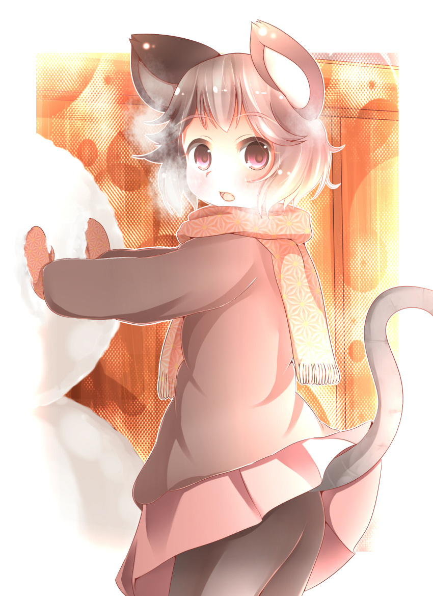 1girl akatsuki_no_guuru animal_ears blush highres looking_at_viewer mouse_ears mouse_tail nazrin scarf short_hair skirt snowman solo tail tail_raised touhou