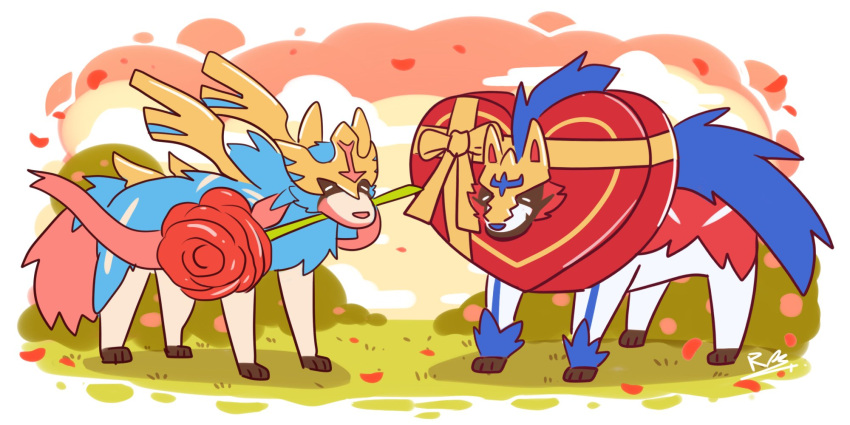 box flower gen_8_pokemon grass heart-shaped_box highres legendary_pokemon mouth_hold paws petals pokemon rabbity_art red_flower ribbon signature standing symbol_commentary toes yellow_ribbon zacian zacian_(crowned) zamazenta zamazenta_(crowned)