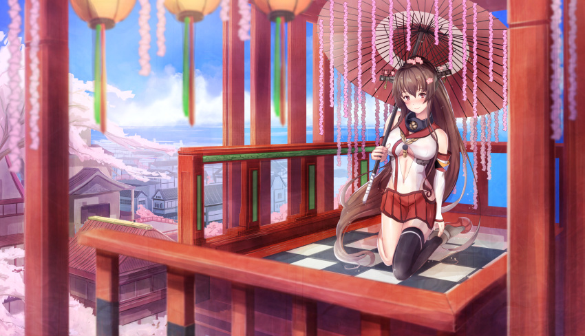 1girl black_legwear blue_sky blurry blush breasts brown_eyes brown_hair building center_opening checkered checkered_floor cherry_blossoms city closed_mouth clouds coast collar day depth_of_field detached_sleeves harbor head_tilt headgear highres house kantai_collection kneeling lampion long_hair outdoors parasol pillar plant ponytail railing shore side_slit single_thighhigh sky smile solo tassel thigh-highs tree umbrella under_boob untsue very_long_hair water yamato_(kantai_collection)