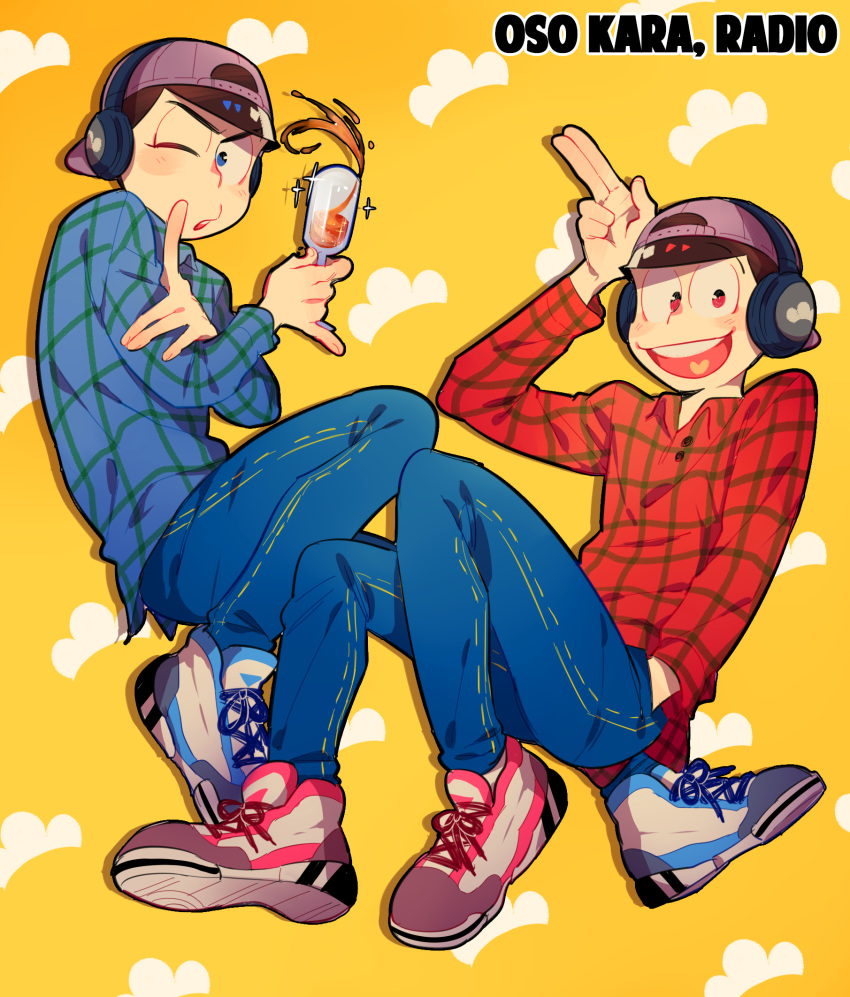 2boys backwards_hat baseball_cap blue_eyes brothers brown_hair character_name cup denim drinking_glass floating hand_in_pocket hat heart heart_in_mouth highres jeans long_sleeves male_focus matsuno_karamatsu matsuno_osomatsu multiple_boys o2_(o2mm) one_eye_closed osomatsu-kun osomatsu-san pants patterned_background red_eyes salute shoes siblings simple_background sneakers two-finger_salute wine_glass yellow_background