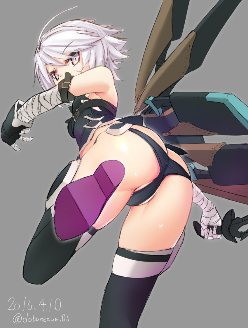 1girl ahoge ass assassin_of_black bandages bare_shoulders black_legwear black_panties blush boots dobunezumi fate/apocrypha fate/grand_order fate/stay_night fate_(series) from_behind gloves grey_eyes highres looking_at_viewer looking_back panties scar short_hair silver_hair solo thigh-highs underwear weapon