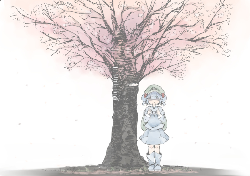 1girl absurdres backpack bag bangs blue_boots blue_hair blue_hat blue_skirt boots closed_mouth eyebrows eyebrows_visible_through_hair flanvia hair_bobbles hair_ornament hat highres holding_strap kawashiro_nitori lonely outdoors sad skirt skirt_set solo standing tears touhou tree two_side_up under_tree