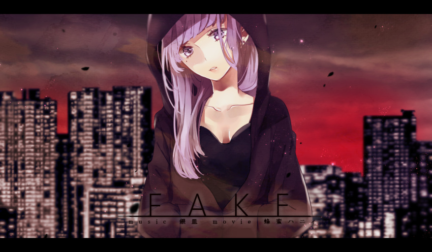 1girl :o bangs black_shirt blunt_bangs blurry_background blush breasts building city_lights cityscape cleavage collarbone ear_studs earrings expressionless hachimitsu_honey hair_over_shoulder hands_in_pockets head_tilt hood hoodie jewelry long_hair looking_at_viewer mole mole_under_eye parted_lips purple_hair red_sky shirt sky solo song_name t-shirt violet_eyes vocaloid voiceroid yuzuki_yukari