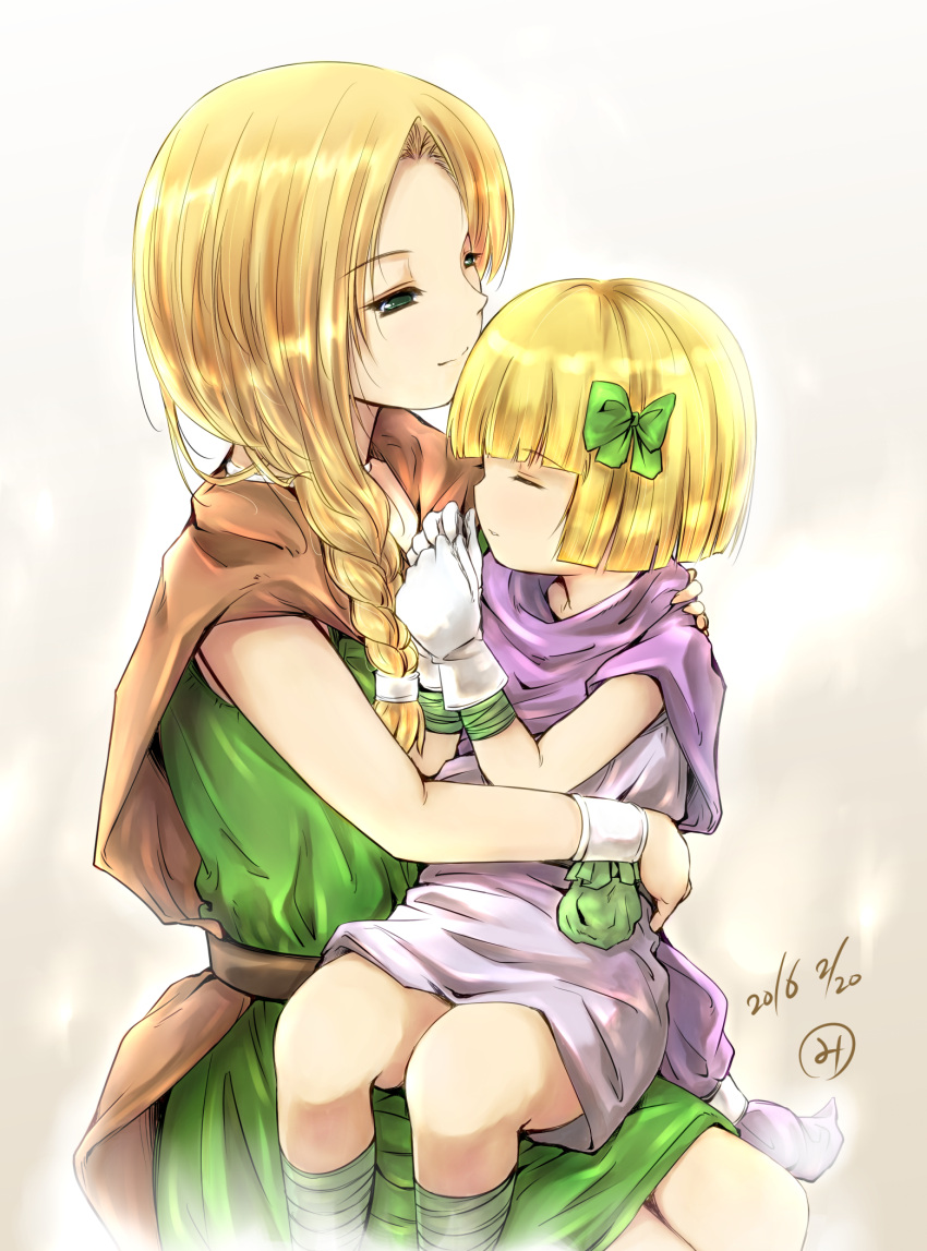 bianca bianca's_daughter blonde_hair bow dragon_quest dragon_quest_v green_bow green_eyes highres minori_(m-noir) parent_and_child