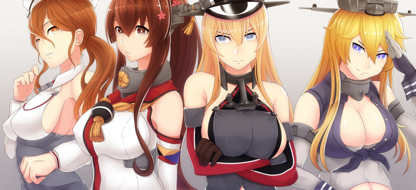 4girls anchor bangs bismarck_(kantai_collection) blonde_hair blue_eyes breasts brown_eyes brown_hair bushidokuroi cherry_blossoms closed_mouth corset crossed_arms detached_sleeves flower front-tie_top gloves gradient gradient_background grey_background hair_between_eyes hair_flower hair_ornament hat head_tilt headgear iowa_(kantai_collection) kantai_collection large_breasts littorio_(kantai_collection) long_hair looking_at_viewer multiple_girls parted_lips peaked_cap ponytail rope salute sideboob sleeveless smile tassel upper_body yamato_(kantai_collection)