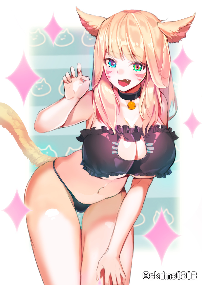 1girl animal_ears blonde_hair blue_eyes blush breasts cat_ears cat_lingerie cat_tail choker cleavage cleavage_cutout facial_mark fangs final_fantasy final_fantasy_xiv green_eyes heterochromia highres large_breasts leaning_forward long_hair looking_at_viewer miqo'te naeun_(pinky1866) navel open_mouth simple_background smile solo tail twitter_username