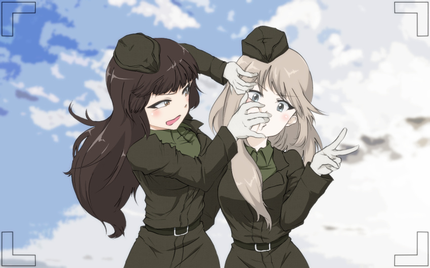 2girls angry bangs belt blue_eyes blunt_bangs brown_dress brown_eyes brown_hair brown_shirt clouds cloudy_sky cowboy_shot dress dress_shirt garrison_cap girls_und_panzer gloves hands_on_another's_face hat long_sleeves looking_at_another looking_at_viewer m2b military military_uniform multiple_girls nishizumi_shiho pose shimada_chiyo shirt side-by-side sky uniform v viewfinder wavy_mouth white_gloves younger