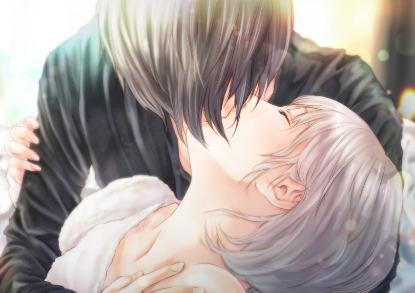 1boy 1girl bangs bare_shoulders black_hair blurry closed_eyes copyright_request couple depth_of_field eyelashes face_down hand_on_another's_arm hetero kinoebi kiss light_particles long_sleeves profile silver_hair