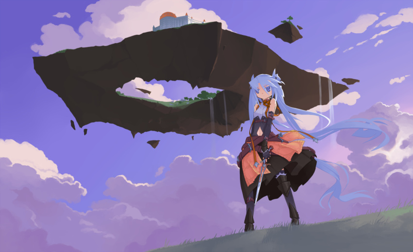 1girl belt black_legwear blue_eyes boots clouds cloudy_sky dagger dress floating_island gunblade highres knee_boots long_hair mof mof's_silver_haired_twintailed_girl navel navel_cutout ribbon sky sleeveless solo standing thigh-highs twintails very_long_hair weapon white_hair wind