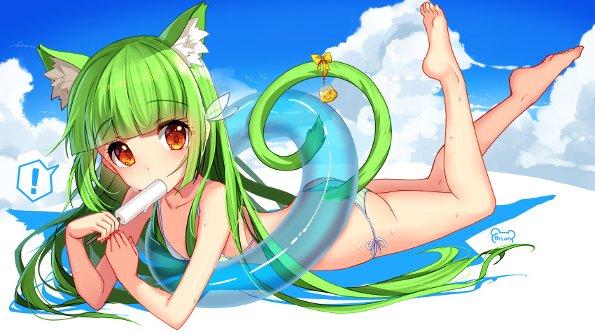 ! 1girl :3 animal_ears artist_name ass bangs barefoot bikini bison_cangshu blue_sky blunt_bangs bow cat_ears cat_print cat_tail clouds eyebrows eyebrows_visible_through_hair food full_body green_bikini green_hair hair_ornament highres holding holding_food innertube long_hair lying moegirlpedia-tan on_stomach os-tan popsicle red_eyes side-tie_bikini signature sky small_breasts solo spoken_exclamation_mark string_bikini striped striped_bikini summer sweat swimsuit tail tail_bow transparent very_long_hair yellow_bow