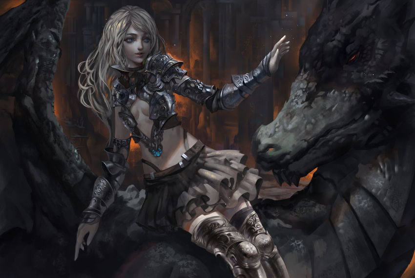 1girl absurdres armor armored_boots baka_(mh6516620) blonde_hair blue_eyes boots braid cleavage_cutout dragon gorget highres lips looking_to_the_side miniskirt parted_lips pleated_skirt skirt spaulders thigh-highs thigh_boots vambraces wings
