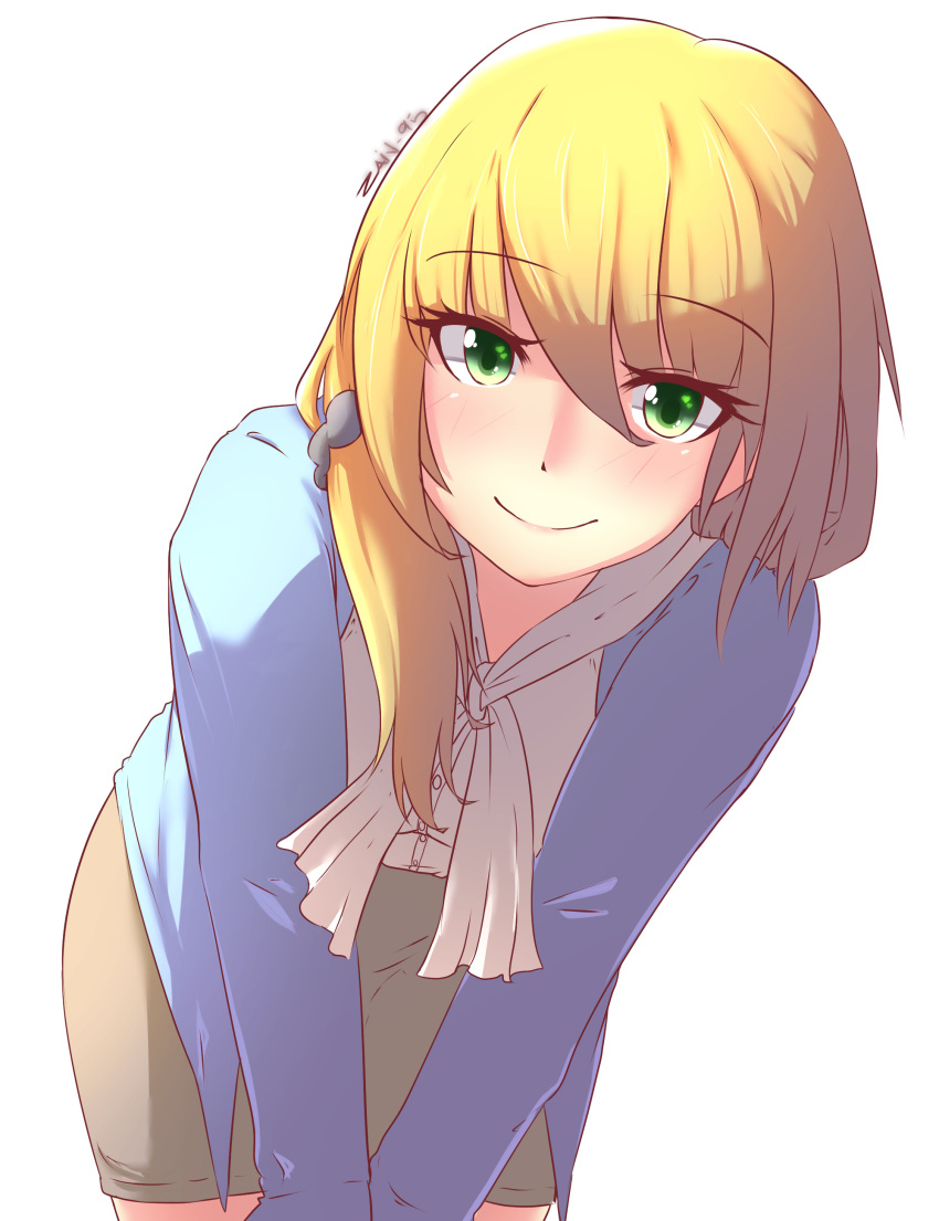 1girl absurdres blonde_hair blush ellen_baker green_eyes highres long_hair looking_at_viewer nas_(z666ful) new_horizon simple_background smile solo white_background