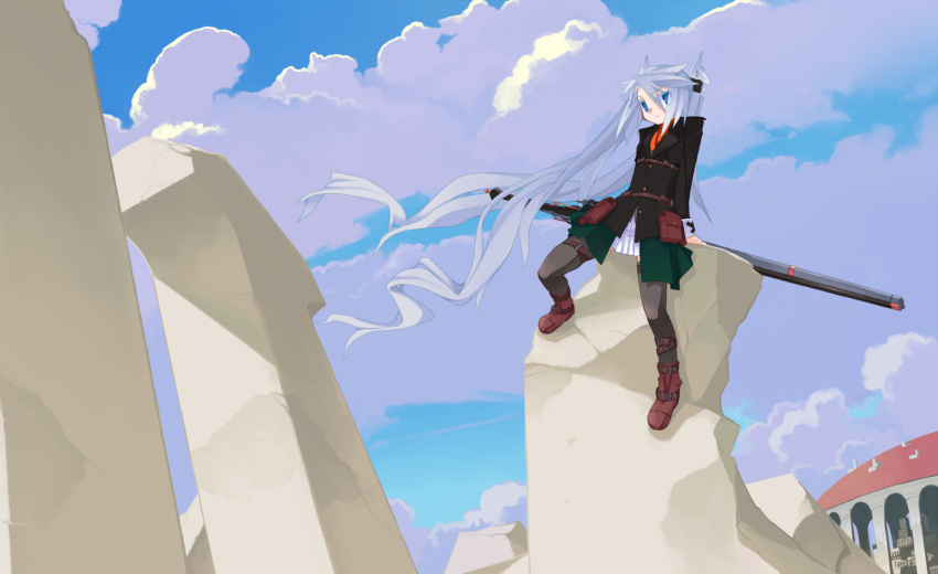 1girl arm_support ascot belt_pouch blue_eyes boots brown_legwear clouds cloudy_sky coat gun highres leaning long_hair looking_at_viewer mof mof's_silver_haired_twintailed_girl original rifle ruins skirt sky solo thigh-highs thigh_strap twintails very_long_hair weapon white_hair zettai_ryouiki
