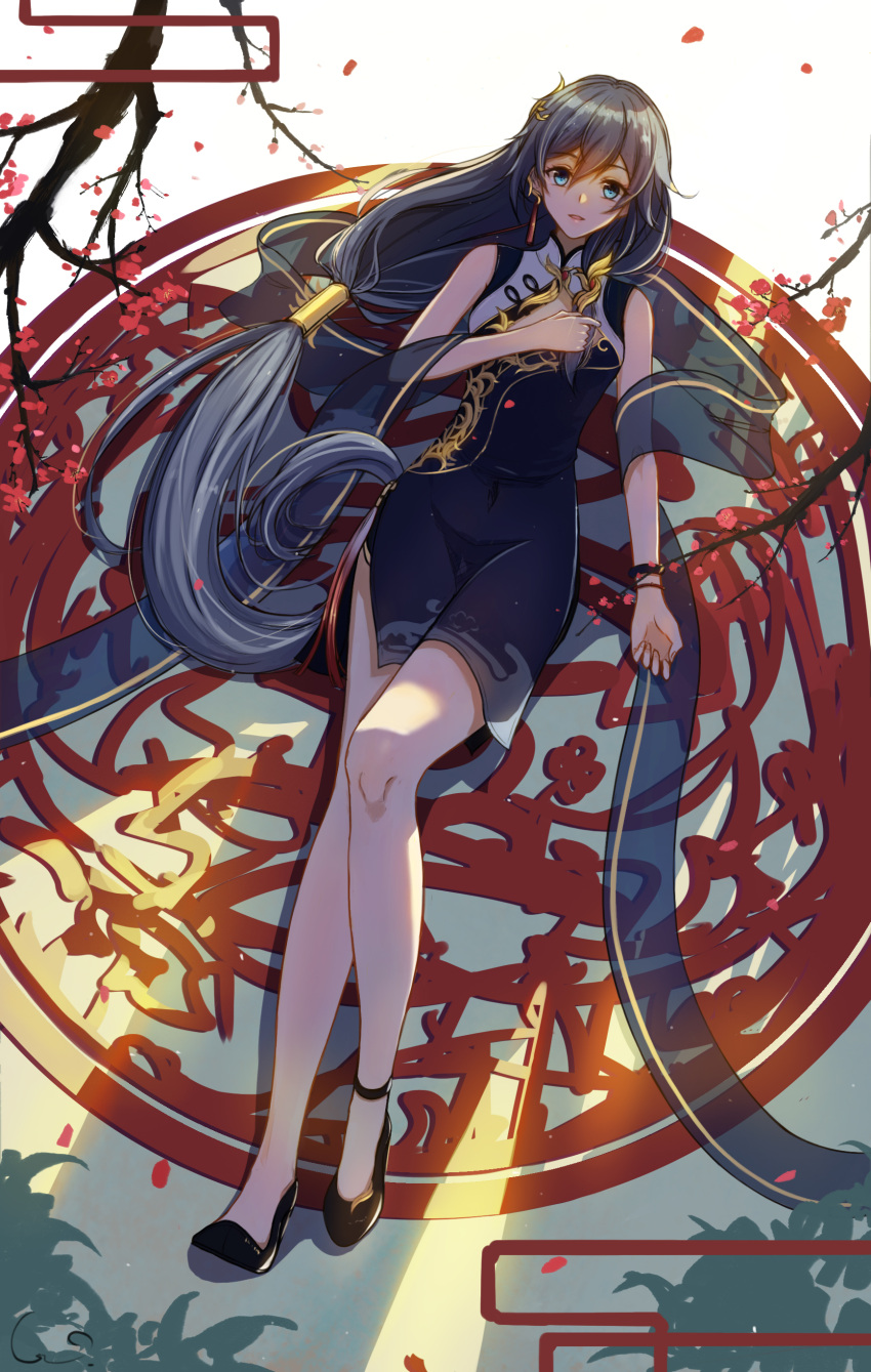 1girl :d absurdres bangs bare_shoulders black_hair blue_eyes china_dress chinese_clothes dress fu_hua fu_hua_(valkyrie_accipter) full_body hair_between_eyes highres honkai_(series) honkai_impact_3rd long_hair looking_at_viewer lying on_back open_mouth petals ponytail qwerggthankyou shadow smile solo tree_branch