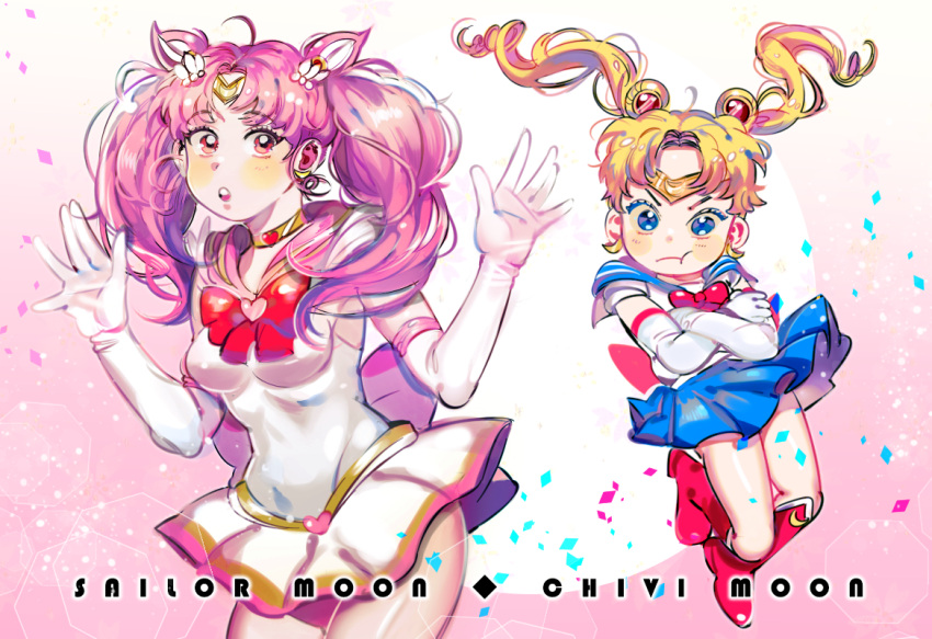 2girls :o :t annoyed bishoujo_senshi_sailor_moon blonde_hair blue_eyes blue_skirt boots bow brooch character_name chibi_usa choker cowboy_shot crossed_arms double_bun elbow_gloves gloves hair_ornament hairpin jewelry knee_boots long_hair magical_girl multiple_girls nangnak older pink_hair red_boots red_bow red_eyes sailor_chibi_moon sailor_moon skirt super_sailor_chibi_moon tiara tsukino_usagi twintails typo white_gloves younger