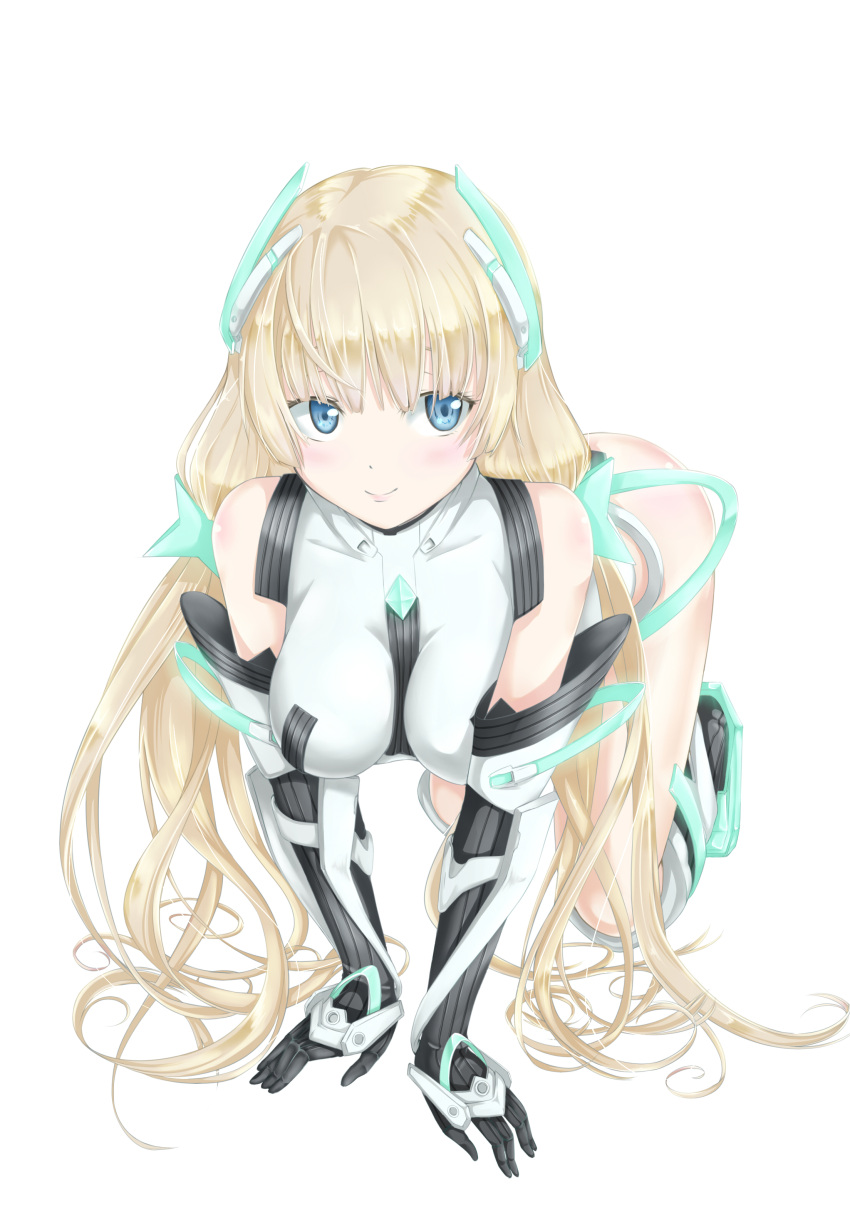 1girl absurdres all_fours angela_balzac bangs bare_shoulders blonde_hair blue_eyes blush breasts elbow_gloves full_body gloves hair_ornament headgear highres kamehito large_breasts leotard long_hair looking_at_viewer low_twintails rakuen_tsuihou simple_background smile solo twintails very_long_hair white_background