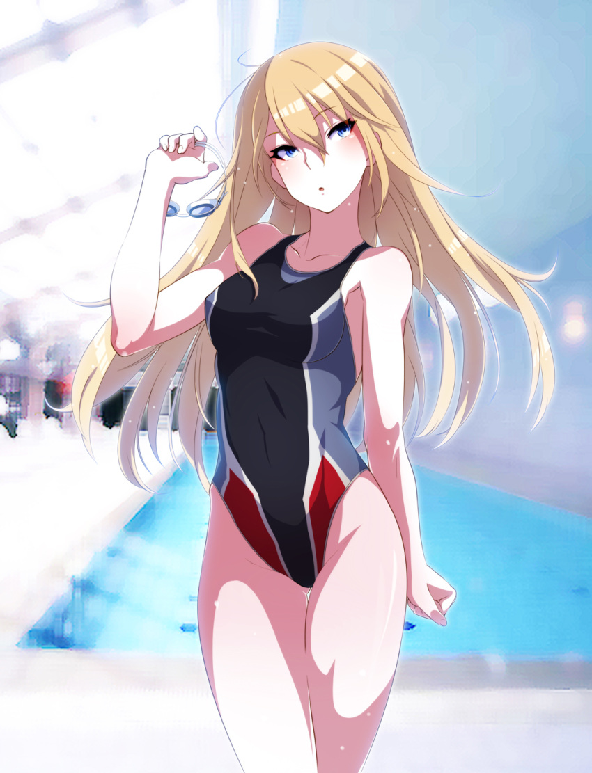 1girl alternate_costume bismarck_(kantai_collection) blonde_hair blue_eyes competition_swimsuit google_glass hair_between_eyes highleg highleg_swimsuit highres kantai_collection kurihara_kenshirou long_hair looking_at_viewer one-piece_swimsuit swimsuit thigh-highs wet