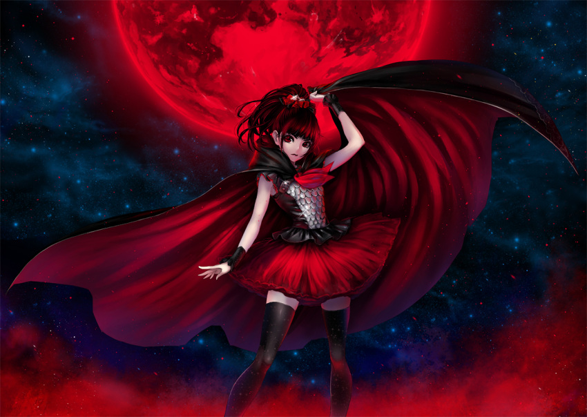 1girl arm_at_side babymetal bangs black_legwear blunt_bangs cape closed_mouth frills full_moon glint hair_ornament hair_scrunchie high_ponytail hood hood_down kunishige_keiichi legs_apart lens_flare light_particles long_hair looking_at_viewer moon nakamoto_suzuka night night_sky red_eyes red_lips red_moon red_skirt redhead scale_armor scrunchie skirt sky sleeveless solo standing star_(sky) thigh-highs wristband zettai_ryouiki