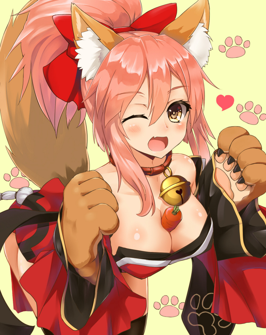 1girl animal_ears bell bent_over black_legwear blush bow brown_gloves carrot caster_(fate/extra) claws collar detached_sleeves dress eyebrows eyebrows_visible_through_hair fate/grand_order fate_(series) food fox_ears fox_tail gloves hair_between_eyes hair_bow highres jingle_bell long_hair long_sleeves looking_at_viewer open_mouth oppai_mochi paw_gloves pink_eyes ponytail red_bow red_dress shiron_(e1na1e2lu2ne3ru3) simple_background solo standing tail tamamo_cat_(fate/grand_order) thigh-highs thighs vegetable wide_sleeves yellow_background