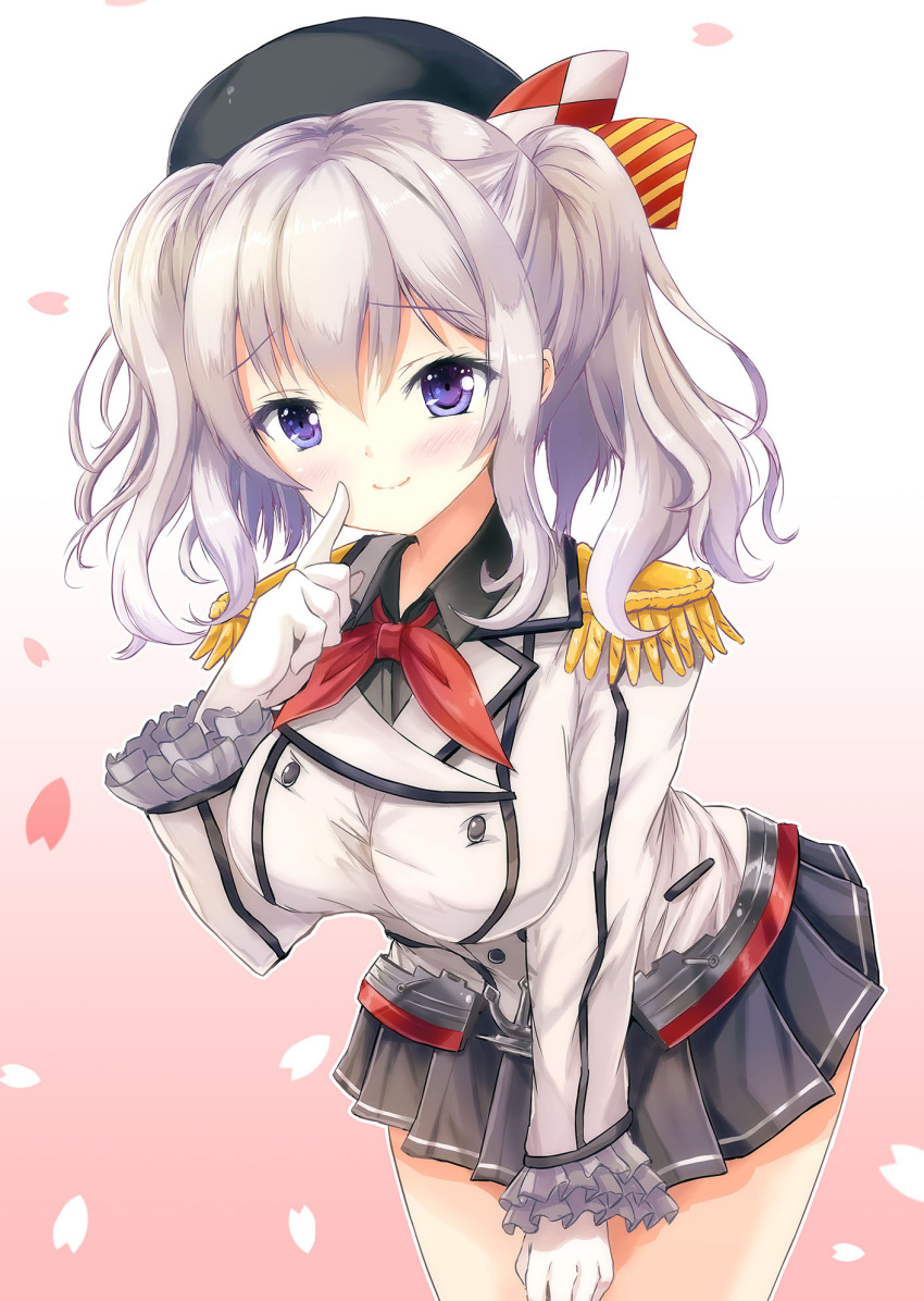 1girl beret blue_eyes breasts buttons epaulettes frilled_sleeves frills gloves hat highres jacket kantai_collection kashima_(kantai_collection) kerchief large_breasts military military_uniform miniskirt pleated_skirt silver_hair skirt solo suzuta_yume twintails uniform wavy_hair white_gloves