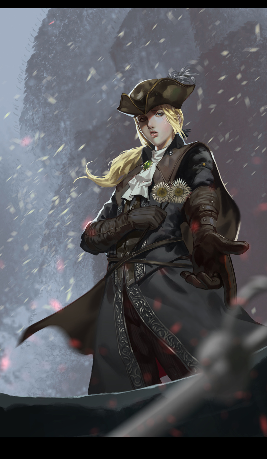 1girl baka_(mh6516620) blonde_hair bloodborne blue_eyes blurry coat cravat depth_of_field flower gloves hat hat_feather highres jewelry lady_maria_of_the_astral_clocktower pants pendant ponytail snow solo tears the_old_hunters