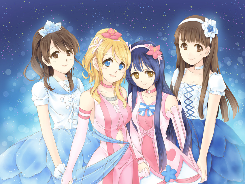 4girls ayase_eli bangs blonde_hair blue_eyes blunt_bangs blush bokutachi_wa_hitotsu_no_hikari brown_eyes brown_hair choker collarbone dress elbow_gloves flower gloves hair_flower hair_ornament holding_hands long_hair love_live!_school_idol_project mimori_(cotton_heart) mimori_suzuko multiple_girls nanjou_yoshino open_mouth ponytail seiyuu smile sonoda_umi yuri