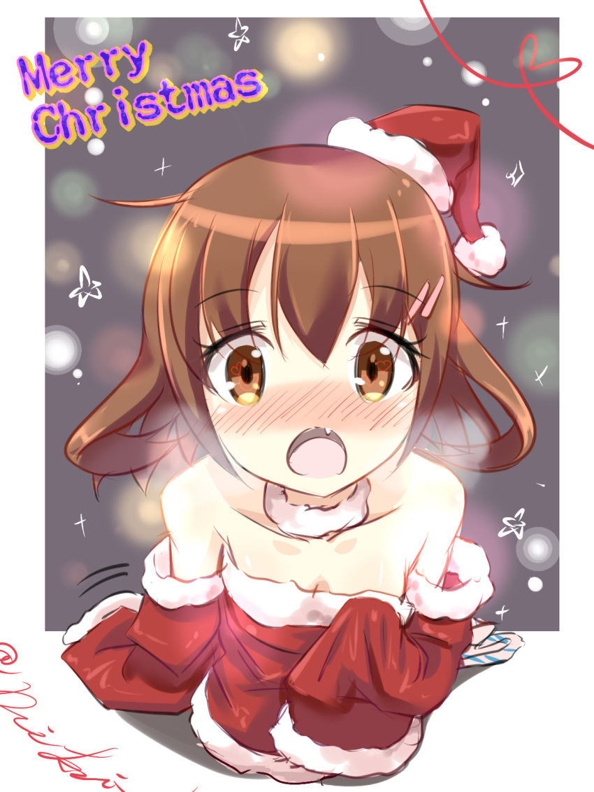1girl bangs bare_shoulders blush brown_hair detached_sleeves eyebrows eyebrows_visible_through_hair fang from_above hair_ornament hairclip highres ikazuchi_(kantai_collection) kantai_collection looking_at_viewer lzd merry_christmas nose_blush open_mouth santa_costume sleeves_past_wrists solo star twitter_username