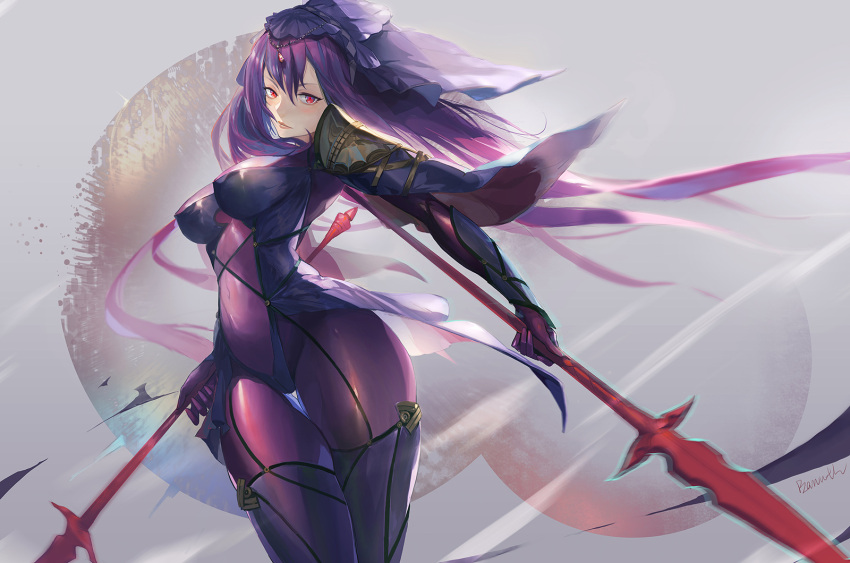 1girl armor artist_name bamuth bangs blush bodysuit boots breasts circlet closed_mouth covered_navel cowboy_shot dual_wielding fate/grand_order fate_(series) floating_hair from_below gae_bolg gloves hair_between_eyes highres holding holding_weapon large_breasts long_hair looking_at_viewer motion_blur pauldrons polearm purple_hair red_eyes scathach_(fate/grand_order) signature solo spear thigh-highs thigh_boots thigh_gap veil very_long_hair visible_air waist_cape weapon
