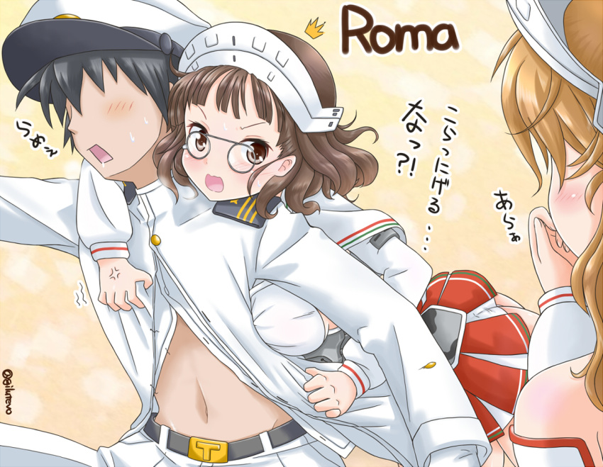 admiral_(kantai_collection) brown_eyes brown_hair capelet detached_sleeves glasses hat italia_(kantai_collection) jack_(slaintheva) kantai_collection littorio_(kantai_collection) long_hair military military_uniform multiple_girls naval_uniform open_mouth peaked_cap pince-nez roma_(kantai_collection) short_hair translation_request uniform