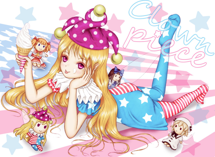 1girl :&gt; :&lt; :d :p american_flag_dress american_flag_legwear ass back bangs blonde_hair blue_bow bow character_doll character_name clownpiece dress dutch_angle fairy_wings flag_background food food_on_face from_above full_body hand_on_own_cheek hat head_rest holding holding_food ice_cream jester_cap kurage_(artist) looking_at_viewer luna_child lying neck_ruff no_shoes on_stomach open_mouth pantyhose pink_eyes polka_dot print_legwear short_sleeves smile soft_serve solo star_print star_sapphire striped sunny_milk tongue tongue_out touhou wings