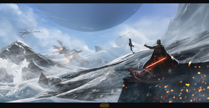 2boys at-at baka_(mh6516620) darth_vader energy_sword gun helmet highres hoth lightsaber lying mountain multiple_boys rifle snow standing star_wars sword tie_fighter weapon x-wing