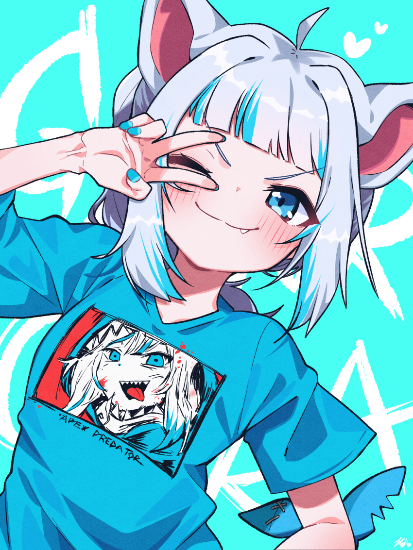 1girl ahoge animal_ears arm_up bangs blue_background blue_eyes blue_hair blue_nails blue_shirt blunt_bangs cat_ears clothes_writing commentary eyebrows_visible_through_hair fish_tail gawr_gura grey_hair heart highres hololive hololive_english looking_at_viewer multicolored_hair nail_polish shark_tail shirt short_sleeves signature solo streaked_hair tail tail_raised tosyeo upper_body v-shaped_eyebrows v_over_eye virtual_youtuber