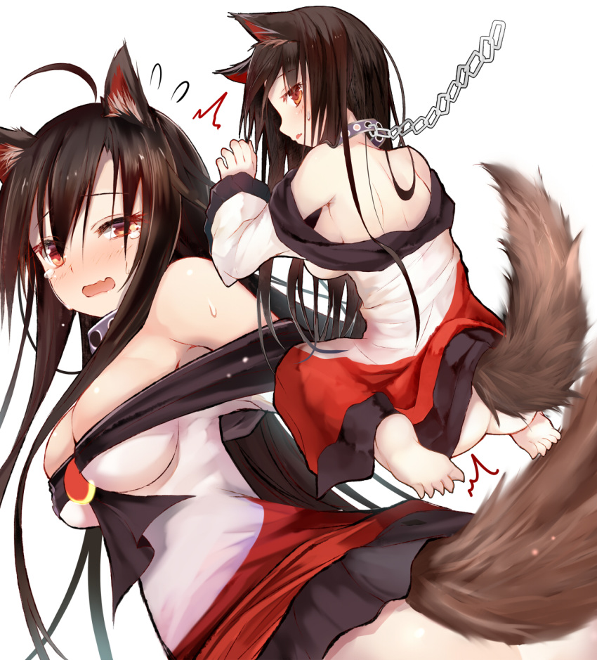 1girl ahoge animal_ears ass bangs bare_shoulders barefoot breasts brooch brown_eyes brown_hair cleavage collar downblouse efe eyebrows fang highres imaizumi_kagerou jewelry large_breasts leash long_hair long_sleeves looking_at_viewer looking_back no_bra no_panties off_shoulder open_mouth seiza shirt sideboob simple_background sitting skirt solo sweat tail tears touhou very_long_hair white_background wide_sleeves wolf_ears wolf_tail