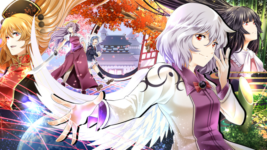 5girls angel_wings animal_ears arkatopia black_dress black_hair blazer blonde_hair building chinese_clothes dress hair_ornament hair_rings jacket junko_(touhou) katana kishin_sagume long_hair long_sleeves multiple_girls necktie open_clothes open_jacket puffy_short_sleeves puffy_sleeves purple_dress purple_hair rabbit_ears red_eyes reisen shirt short_hair short_sleeves silver_hair single_wing skirt smile sword tabard touhou tree very_long_hair watatsuki_no_yorihime weapon wings