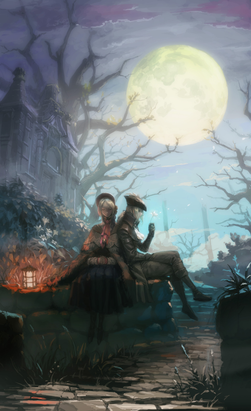 2girls absurdres blonde_hair bloodborne bonnet boots cloak coat cravat crossed_legs doll_joints dress flower fog full_moon hat hat_feather highres jewelry lady_maria_of_the_astral_clocktower lantern long_hair loped moon multiple_girls night pendant petals plain_doll plant ponytail road sitting stone_wall the_old_hunters tree wall
