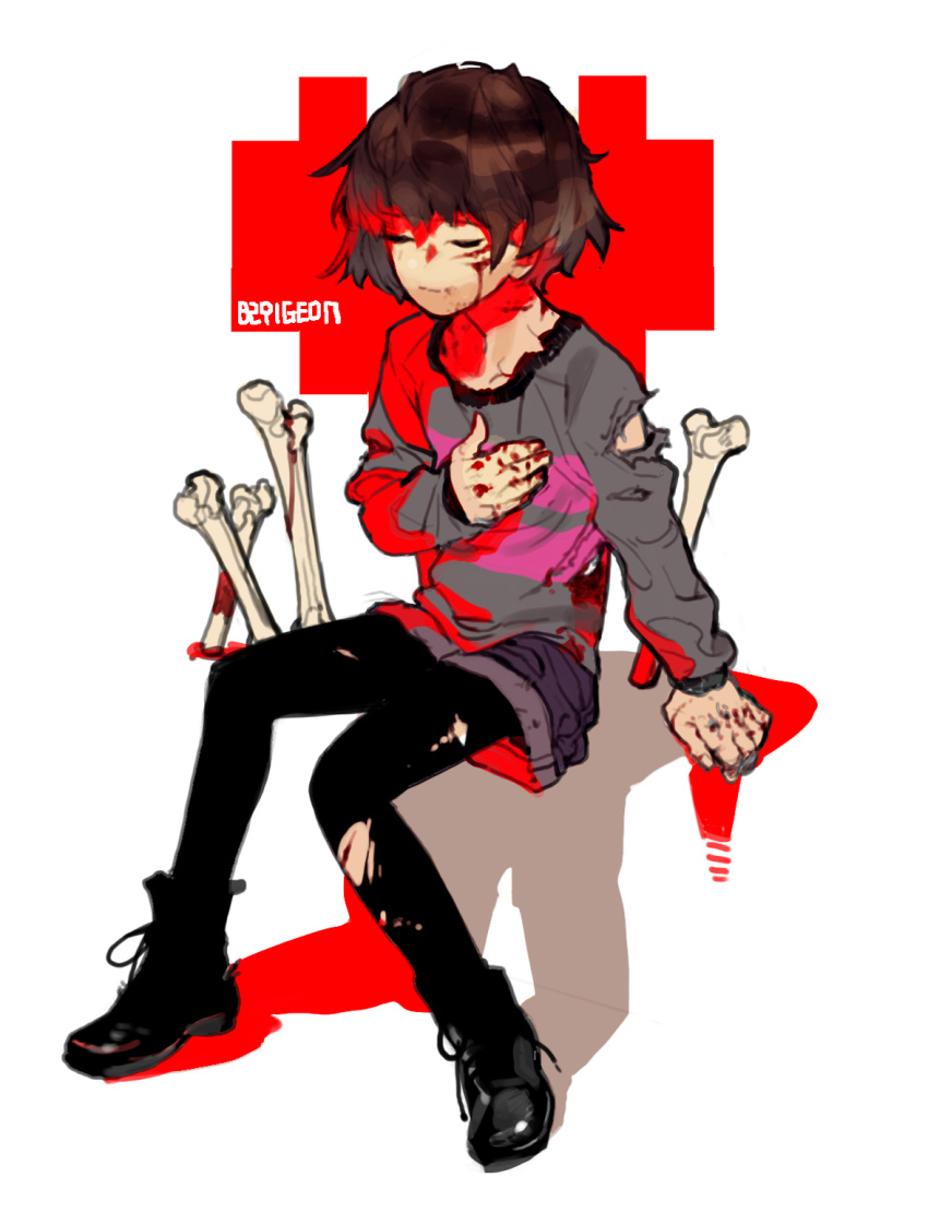 82pigeon androgynous artist_name blood blood_on_face bloody_clothes bloody_hands bone brown_hair closed_eyes frisk_(undertale) hand_on_own_chest heart highres injury leggings shirt shoes shorts simple_background sitting solo striped striped_shirt torn_clothes torn_leggings undertale white_background