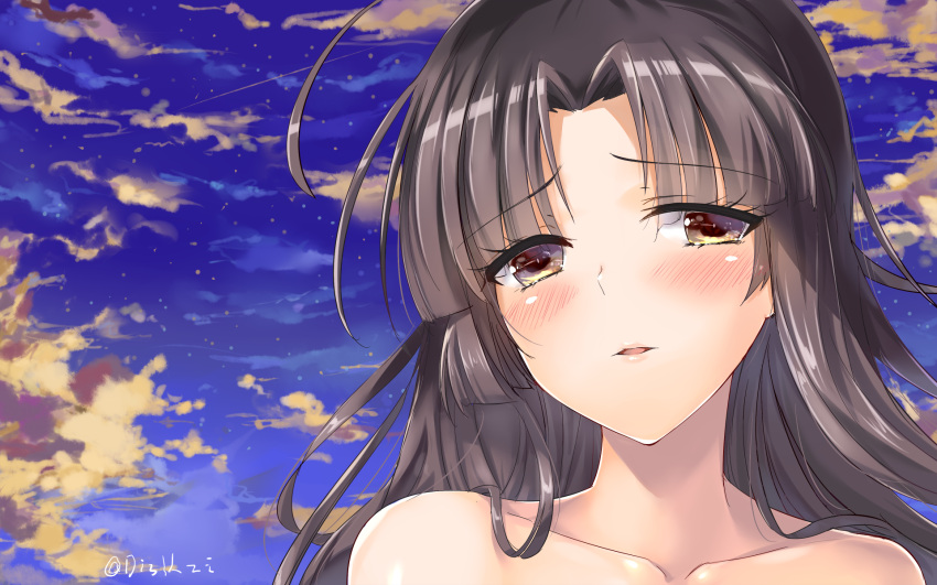 1girl bangs bare_shoulders black_hair blush close-up clouds collarbone eyebrows eyebrows_visible_through_hair face highres kantai_collection lips long_hair looking_at_viewer lzd night night_sky parted_lips portrait shouhou_(kantai_collection) sky solo twitter_username yellow_eyes