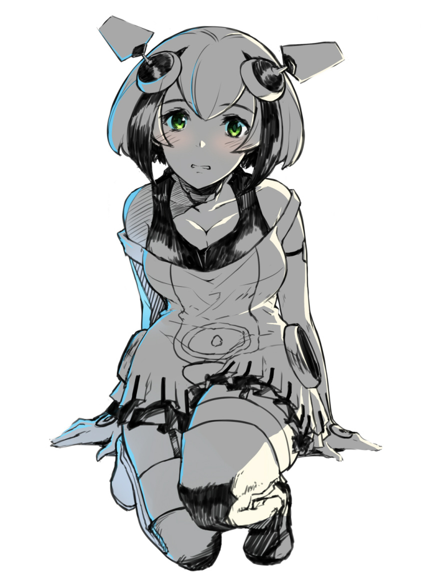 1girl android arms_at_sides bangs bare_shoulders bike_shorts blush boots breasts cleavage dimension_w dress full_body garter_straps green_eyes hai_ookami headgear highres looking_at_viewer multicolored_hair off-shoulder_dress off_shoulder short_hair simple_background sketch solo spot_color streaked_hair thigh-highs thigh_boots two-tone_hair white_background yurizaki_mira