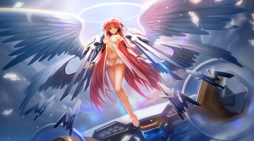 1girl :o absurdres ahoge angel angel_wings arms_at_sides backlighting bangs bare_legs barefoot black_hair blurry breasts broken broken_chain chain cleavage clouds collar depth_of_field feathers flying from_below full_body glowing gradient_hair green_eyes halo hanshu highres ikaros large_breasts legs_together long_hair looking_at_viewer looking_down machinery miniskirt multicolored_hair multiple_wings navel parted_lips pink_hair pleated_skirt skirt sky solo sora_no_otoshimono stomach streaked_hair very_long_hair white_skirt white_wings wings