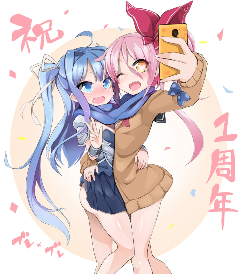 2girls ass blue_hair bow brave_sword_x_blaze_soul cardigan dress fang hair_bow heart heart-shaped_pupils highres hug long_hair long_sleeves matuken1027 multiple_girls one_eye_closed open_mouth pink_hair ponytail scarf shared_scarf skirt skirt_lift smile sweatdrop sweater symbol-shaped_pupils taking_picture twintails v yellow_eyes