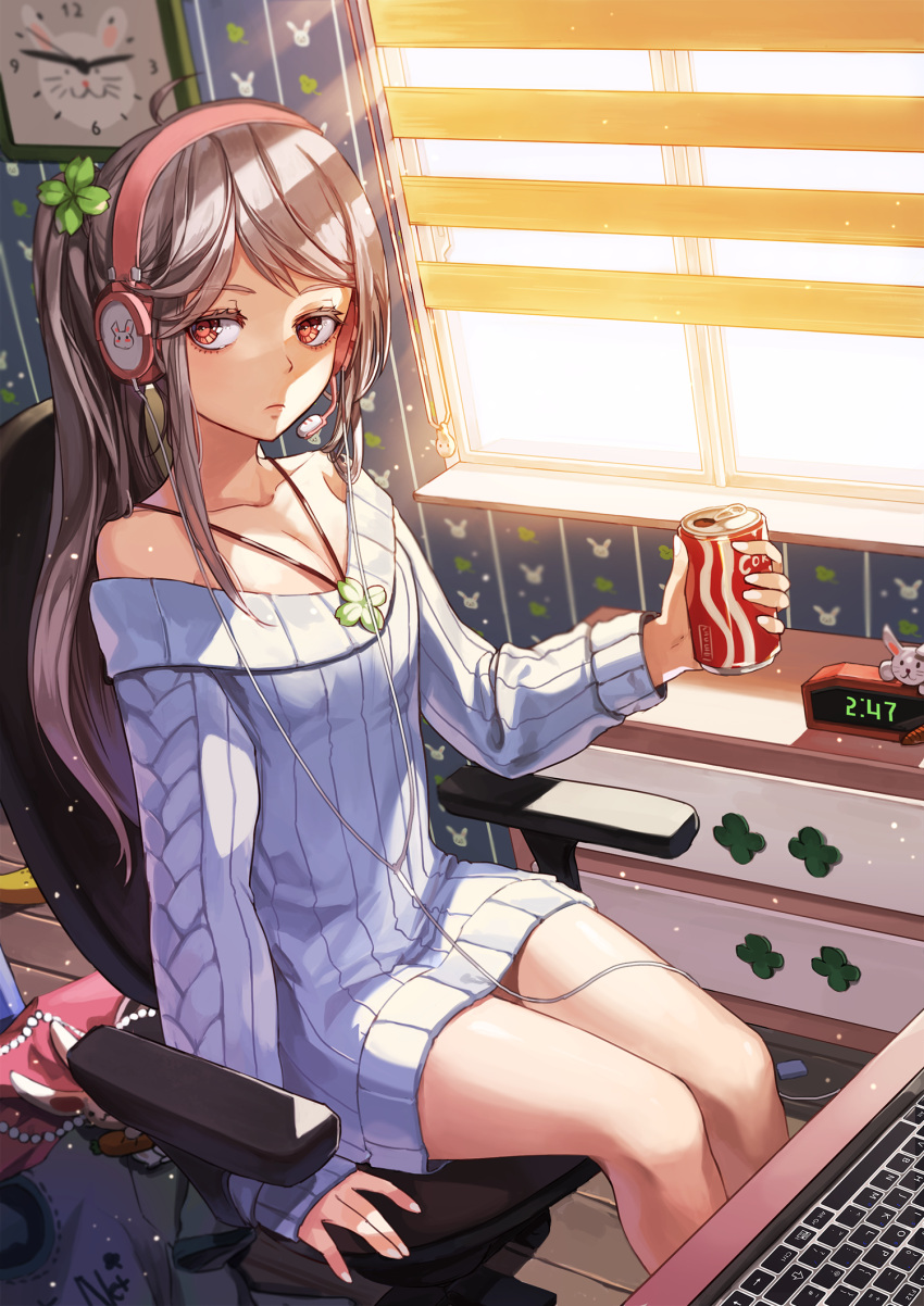 1girl breasts can chair cleavage clock clover coke computer_keyboard four-leaf_clover grey_hair headphones highres limobok long_hair looking_at_viewer original red_eyes sitting sleeves_past_wrists solo sweater