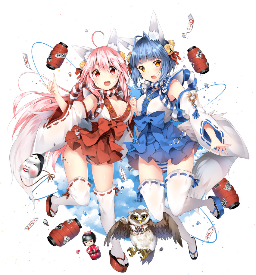 2girls \m/ ahoge animal_ears antenna_hair bell bird blue_hair bow breasts cleavage clouds cloudy_sky collar detached_sleeves doll duji_amo eyebrows eyebrows_visible_through_hair fang fox_ears fox_shadow_puppet fox_tail hair_bell hair_ornament hair_ribbon hakama highres holding_hands japanese_clothes kitsune lantern long_hair looking_at_viewer mask mask_removed miko multiple_girls open_mouth original outstretched_arm owl panties pantyshot paper_lantern pink_hair red_eyes ribbon ribbon-trimmed_legwear ribbon-trimmed_sleeves ribbon_trim short_hair sky smile striped striped_panties tail thigh-highs underwear water_drop wide_sleeves yellow_eyes