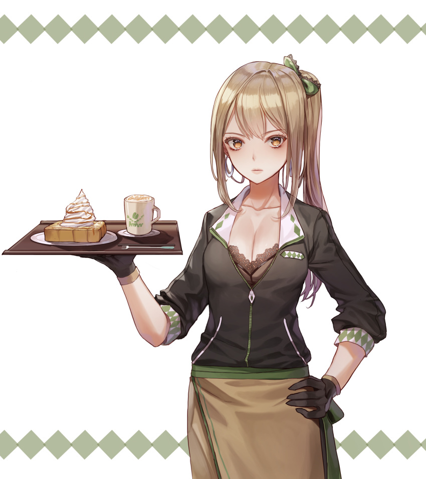 1girl absurdres black_bra black_gloves bra breasts brown_hair cleavage cup fork french_toast gloves hand_on_hip highres limobok looking_at_viewer mug original plate saucer side_ponytail simple_background solo tray underwear white_background yellow_eyes