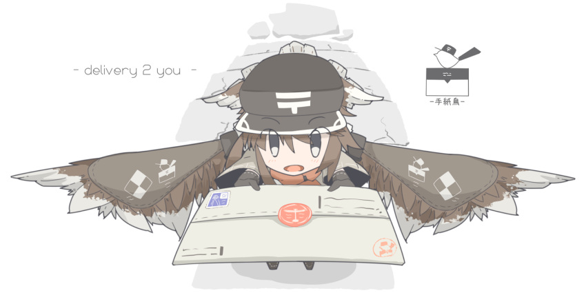 1girl bird_ears brown_hair elbow_gloves from_above gloves grey_eyes hat head_wings highres ibis1 incoming_gift letter looking_at_viewer open_mouth original postage_stamp scarf short_hair short_hair_with_long_locks solo wax_seal wings