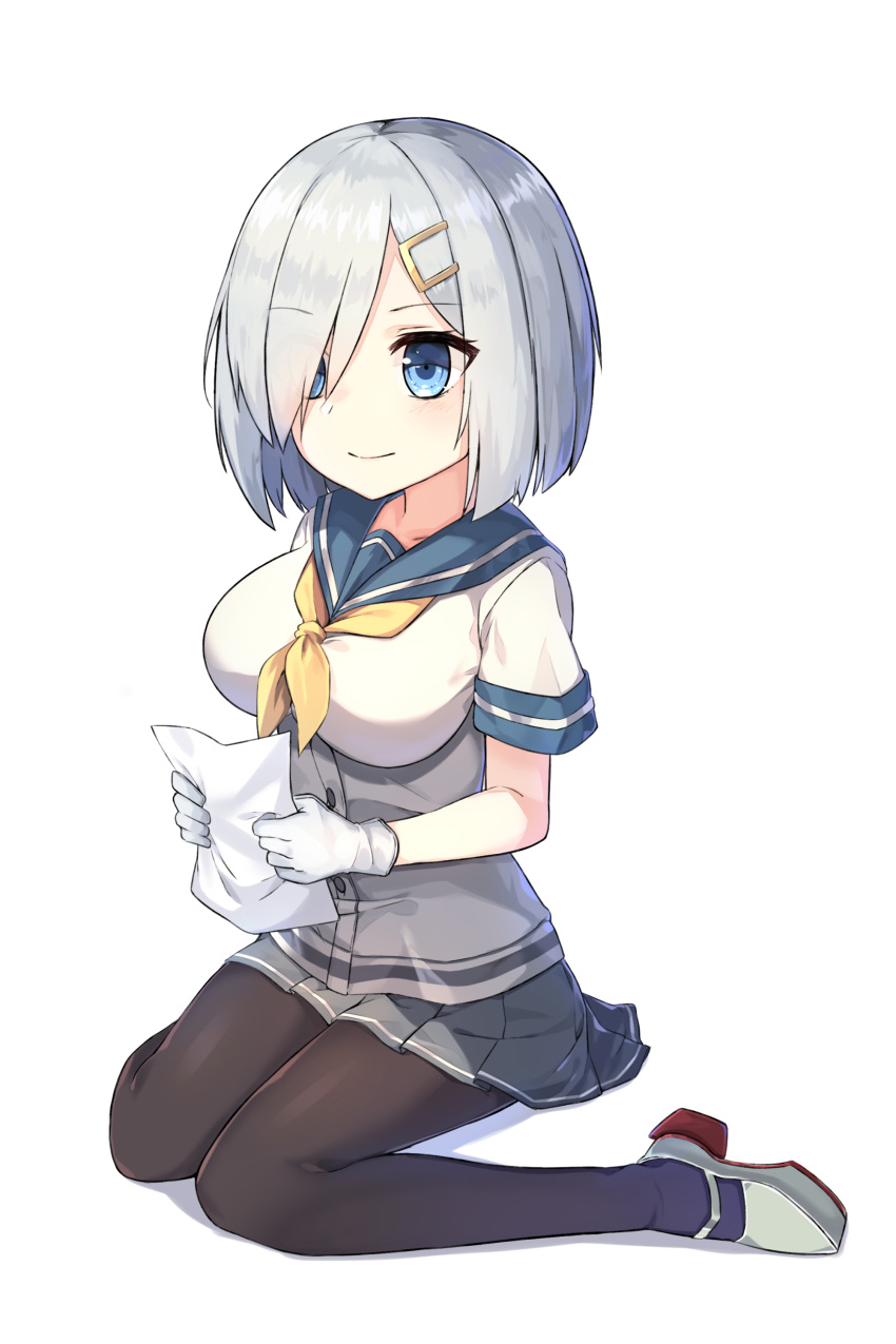1girl absurdres black_legwear blue_eyes breasts buttons eyes_visible_through_hair ginon_(sjyh3466) gloves grey_skirt hair_ornament hair_over_one_eye hairclip hamakaze_(kantai_collection) highres holding_paper kantai_collection large_breasts looking_at_viewer mirror_image neckerchief pantyhose paper pleated_skirt revision school_uniform serafuku shoes short_hair short_sleeves silver_hair simple_background sitting skirt smile solo wariza white_background white_gloves
