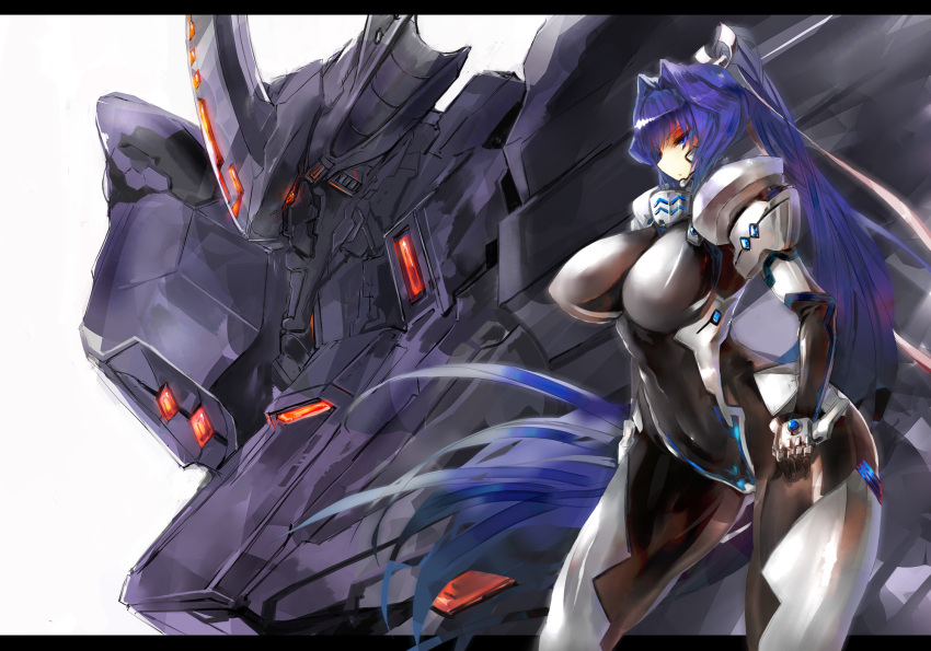 1girl arched_back blue_eyes blue_hair bodysuit breasts covered_nipples cowboy_shot glowing gond hair_intakes hair_ribbon highres large_breasts long_hair mecha mitsurugi_meiya muvluv muvluv_alternative pilot_suit ponytail ribbon shiny shiny_clothes skin_tight solo standing takemikaduchi very_long_hair white_background wide_hips