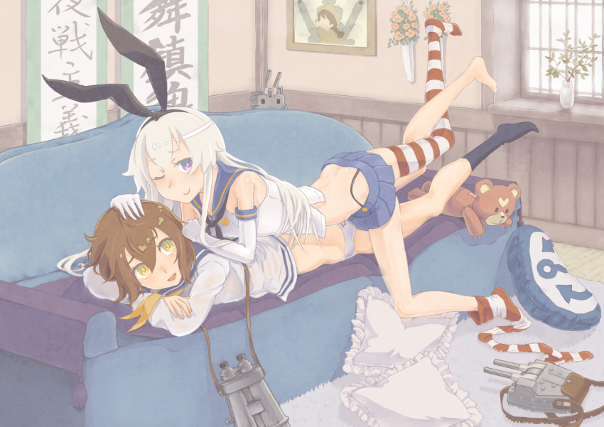 2girls anchor anchor_hair_ornament binoculars black_panties blonde_hair brown_hair couch dress elbow_gloves garutaisa gloves hair_ornament hairband headgear highleg highleg_panties kantai_collection long_hair lying_on_person microskirt multiple_girls neckerchief panties sailor_collar sailor_dress shimakaze_(kantai_collection) short_hair skirt striped striped_legwear thigh-highs thong underwear violet_eyes white_gloves yukikaze_(kantai_collection)